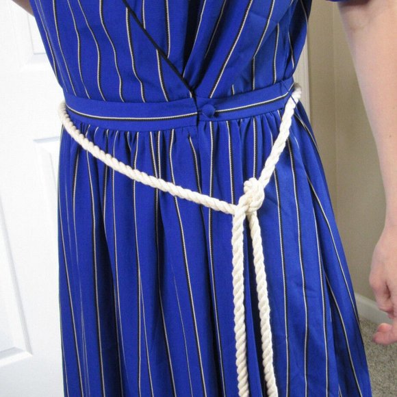 Long Blue Prom Dress Size M Stripes Button Wrap by One O Eight, British Elegant - Picture 5 of 12